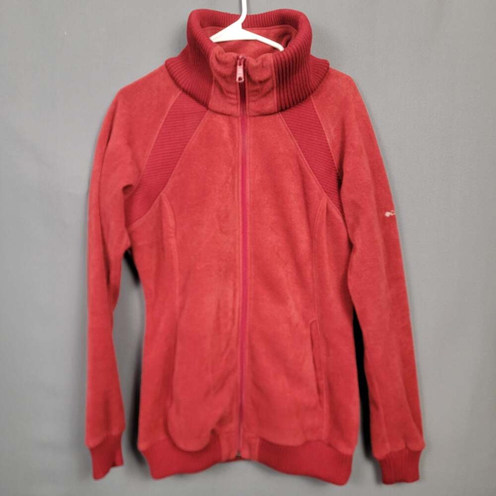 Columbia Red Fleece Jacket Rib Knit Trim Zip Mock Neck Outdoor Layer L
